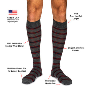 infographic detailing features and benefits of striped over the calf wool dress socks from Boardroom Socks
