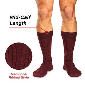 model wearing burgandy mid-calf ribbed wool dress socks with call out text overlay