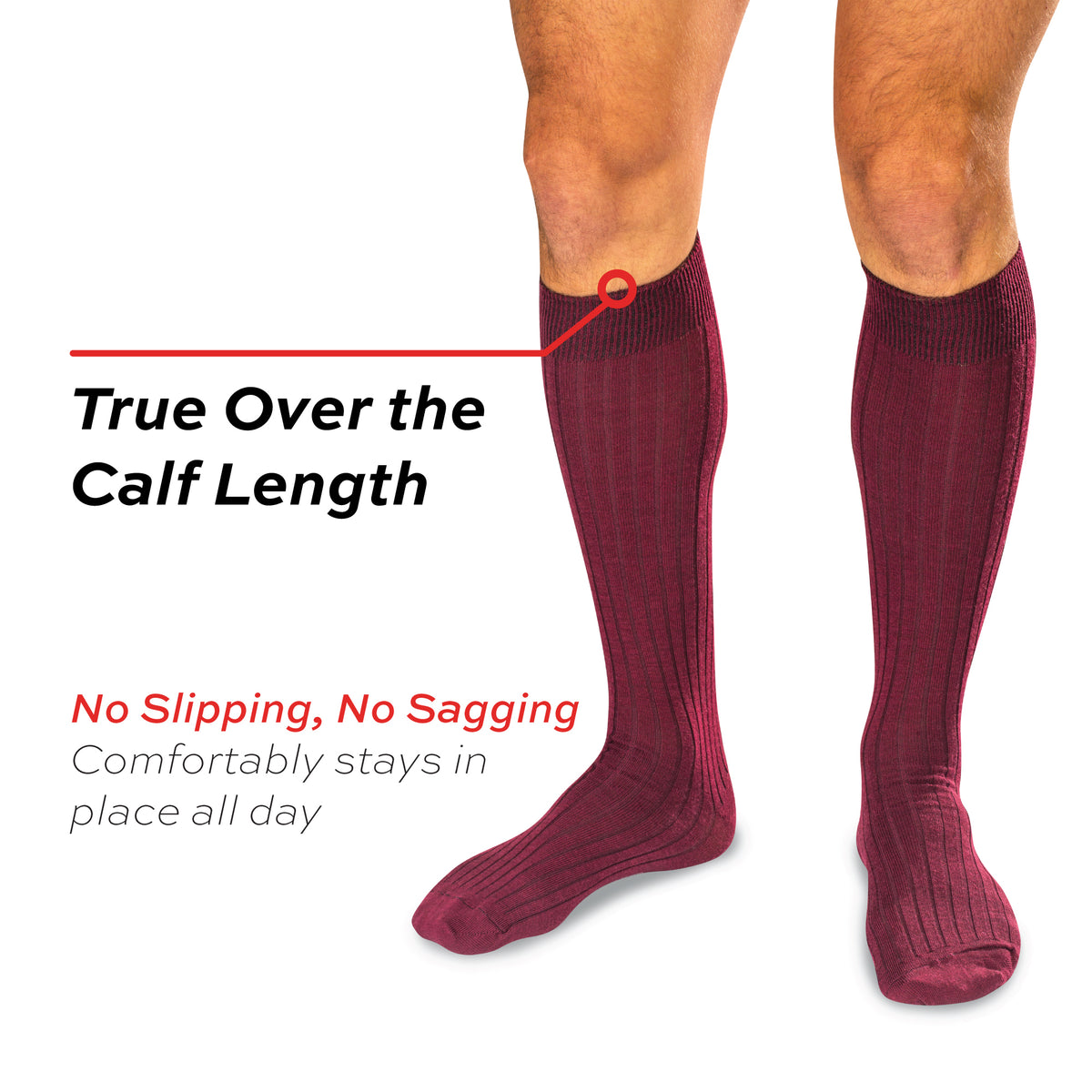 model wearing burgundy merino wool over the calf ribbed mens dress socks on a white background