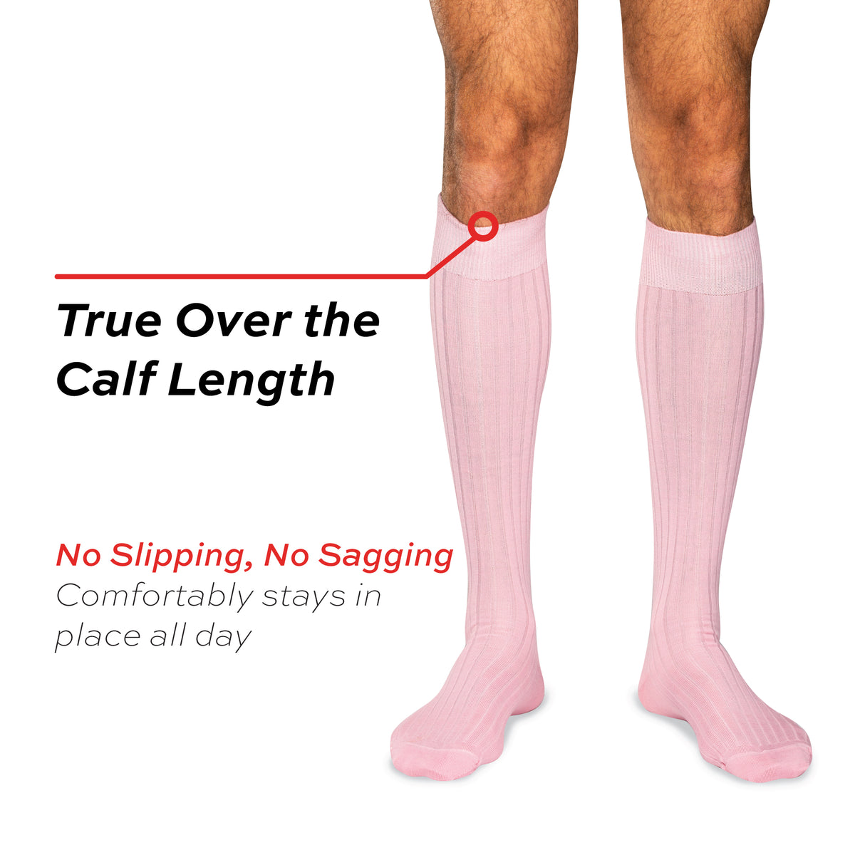 model wearing  pink merino wool over the calf ribbed mens dress socks on a white background