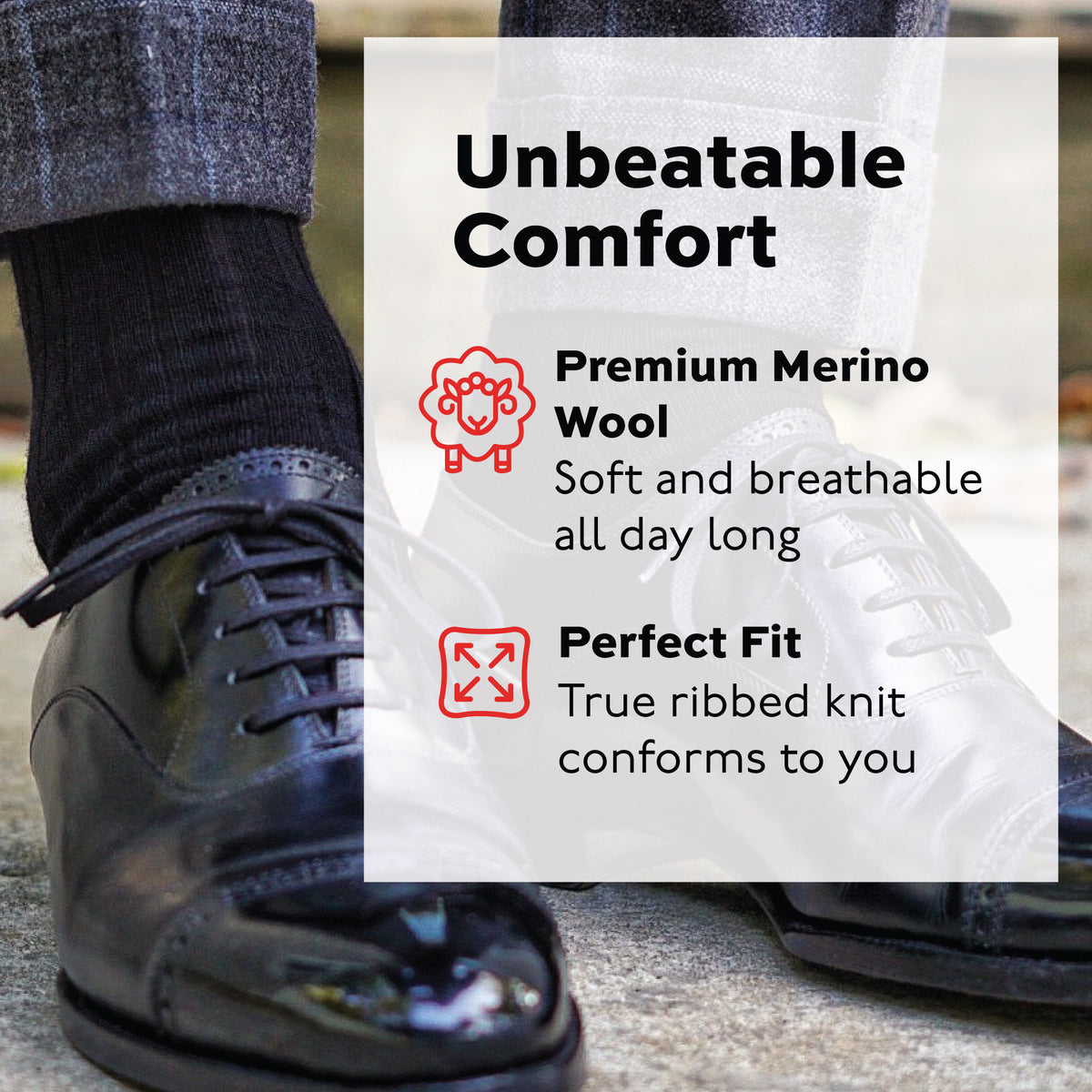 black merino wool dress sock worn with nice shoes and an unbeatable comfort infographic overlay