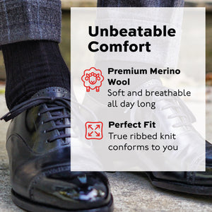 black merino wool dress sock worn with nice shoes and an unbeatable comfort infographic overlay