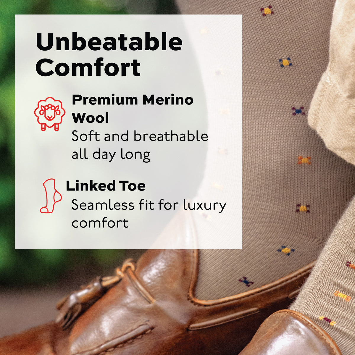man outside wearing Khaki Geometric Merino Wool Mid-Calf Dress Socks 