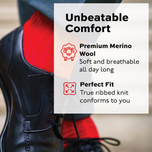 man standing crossing his legs wearing nice shoes and red merino wool mid-calf dress socks