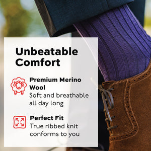 close up of a man wearing brown shoes and purple ribbed wool socks with 