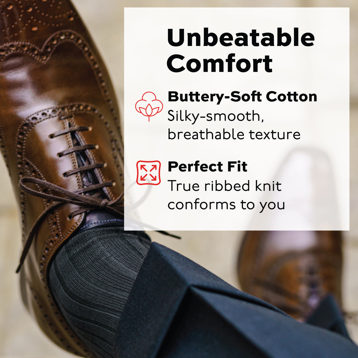 man wearing brown shoes, grey pants and Grey Cotton Over the Calf Dress Socks with a infographic overlay