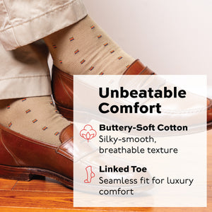 man crossing legs wearing khaki slacks, brown loafers and khaki over the calf dress socks with a square knot pattern