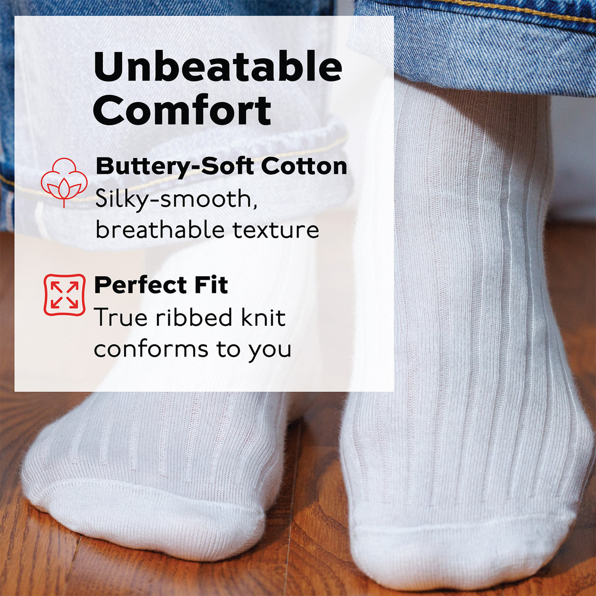 person standing on hardwood floors wearing white cotton ribbed knit over the calf dress socks with infographic overlay