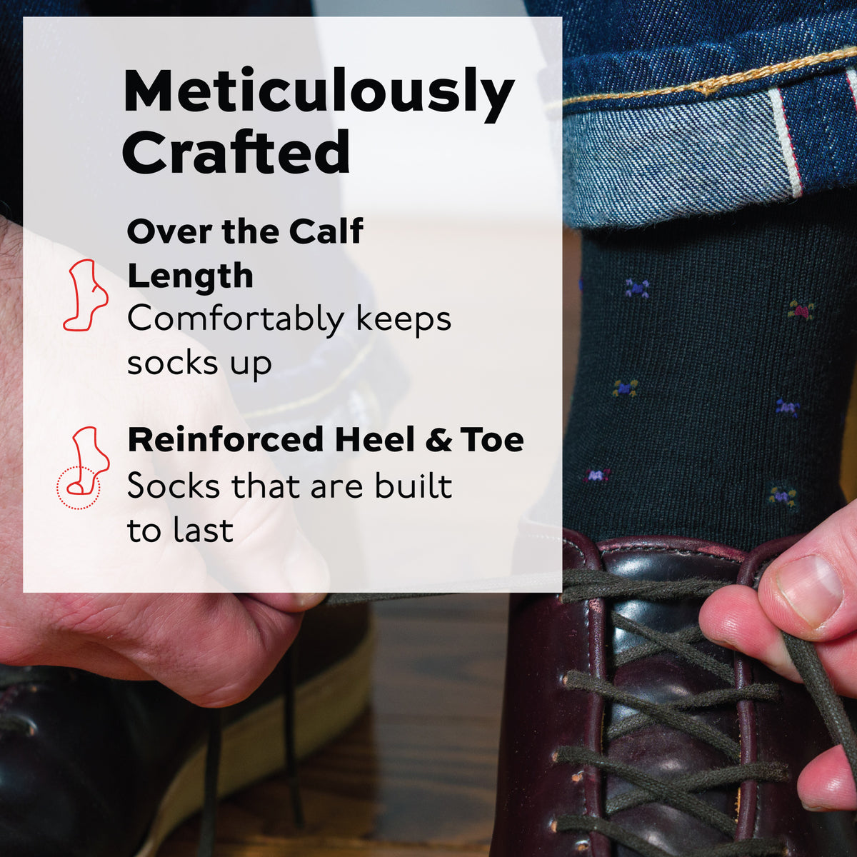 man tying his shoes wearing jeans and Black Geometric Merino Wool Over the Calf Dress Socks