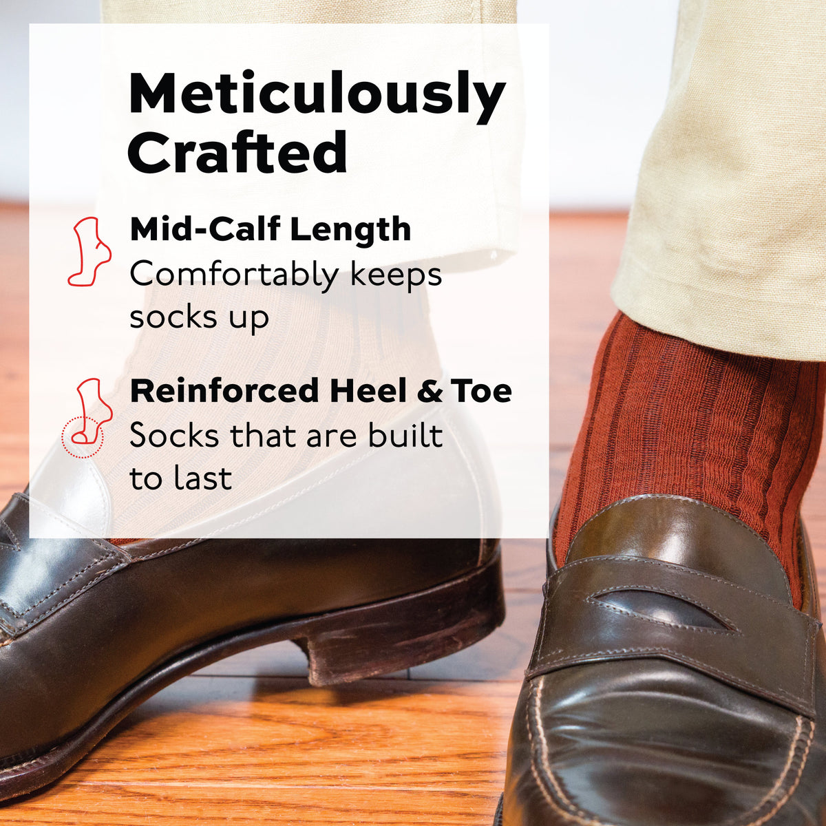 person wearing Burnt Orange Merino Wool Mid Calf Dress Socks and brown loafers with infographic overlay
