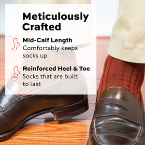 person wearing Burnt Orange Merino Wool Mid Calf Dress Socks and brown loafers with infographic overlay