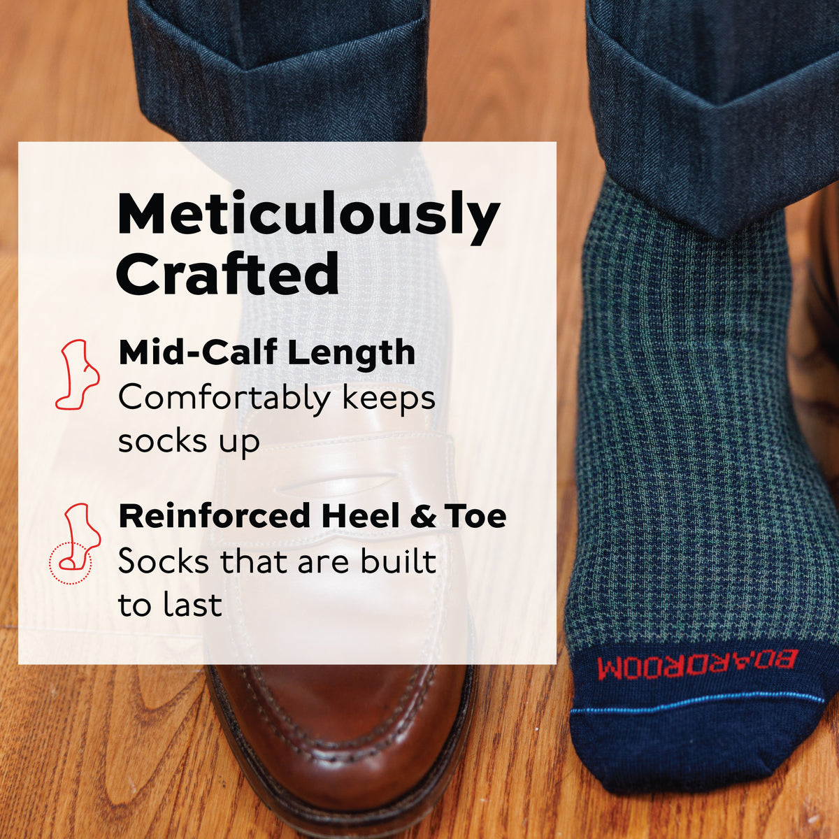 man standing on a hardwood floor wearing olive and navy houndstooth mens dress socks with infographic overlay
