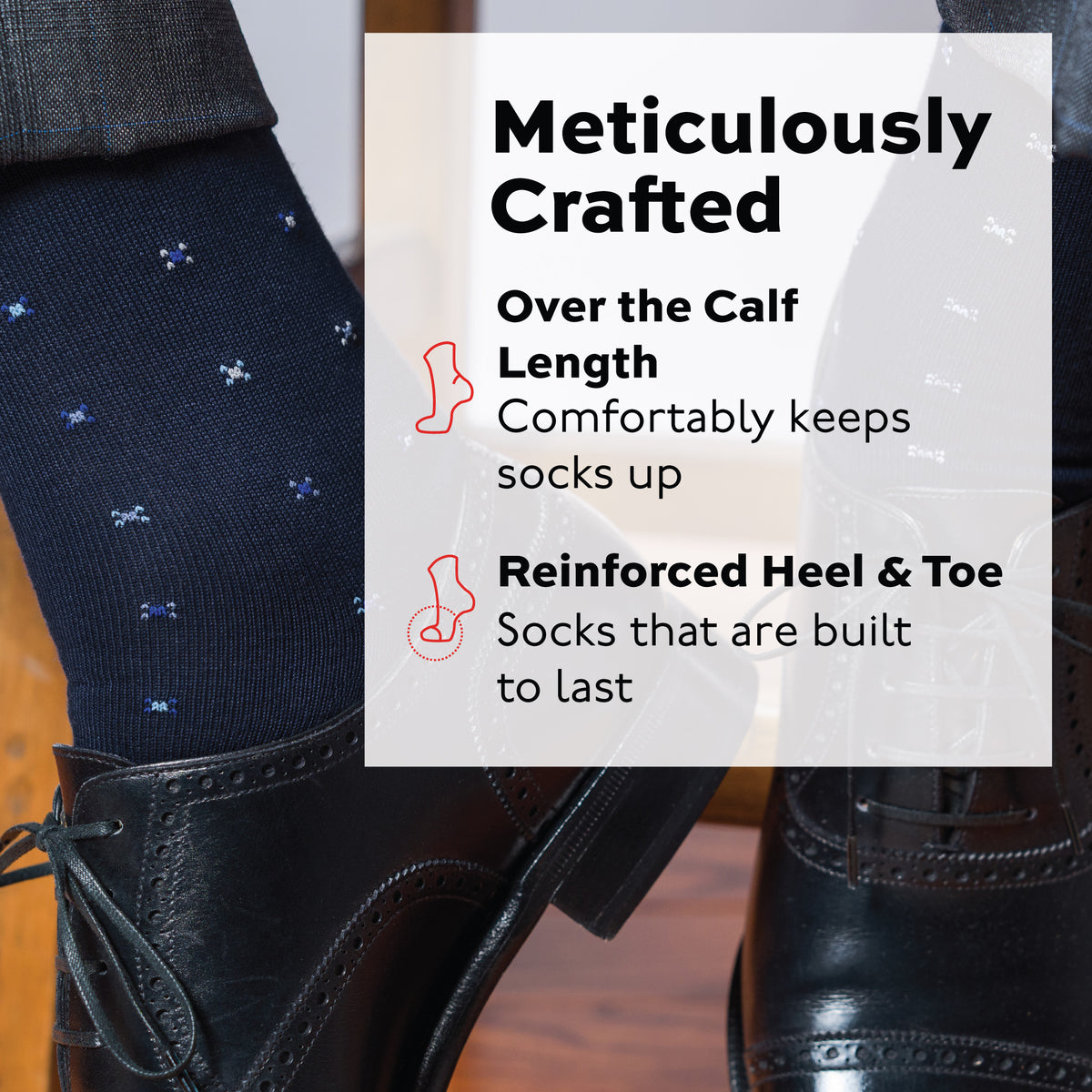 close up image of man wearing black shoes and Navy Geometric Merino Wool Over the Calf Dress Socks