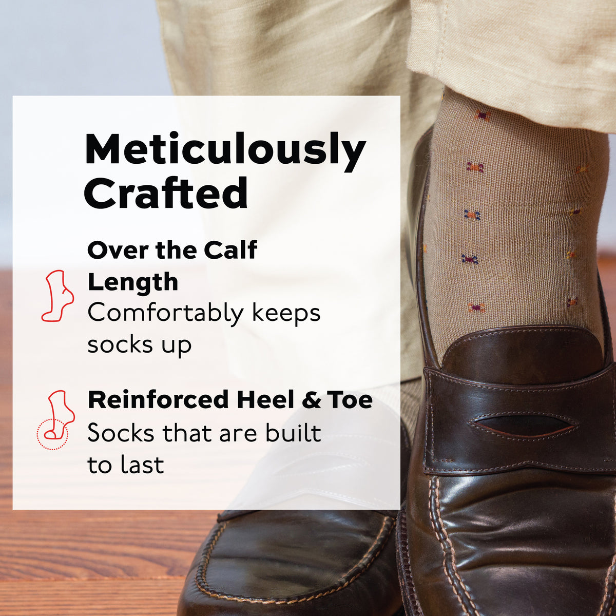 man wearing khakis brown shoes and Khaki Geometric Merino Wool Over the Calf Dress Socks