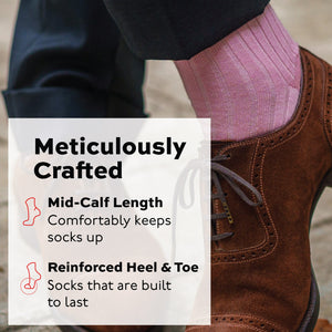 pink merino wool dress socks shown on man crossing his legs