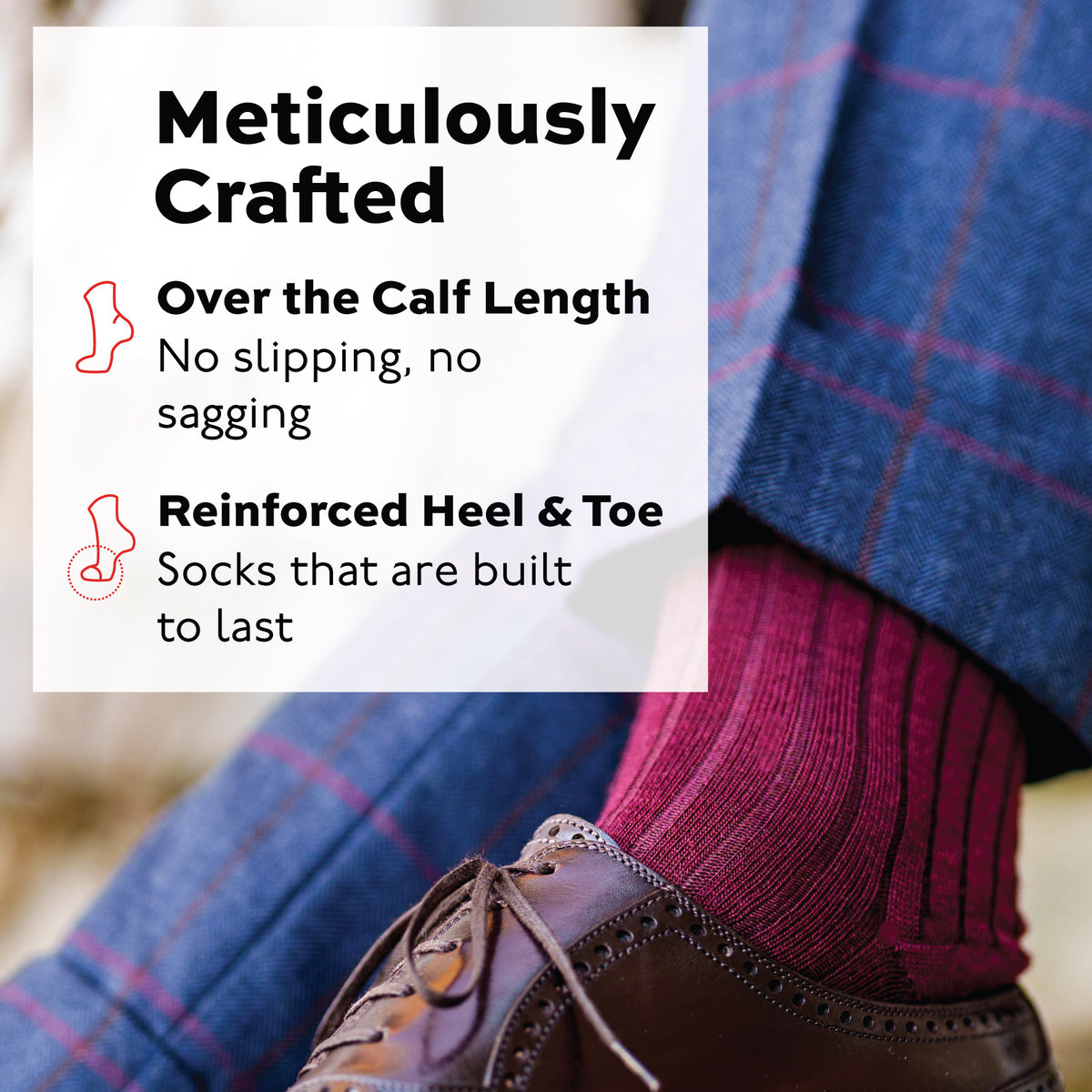 close up image of man wearing burgundy merino wool over the calf ribbed mens dress socks with infographic overlay