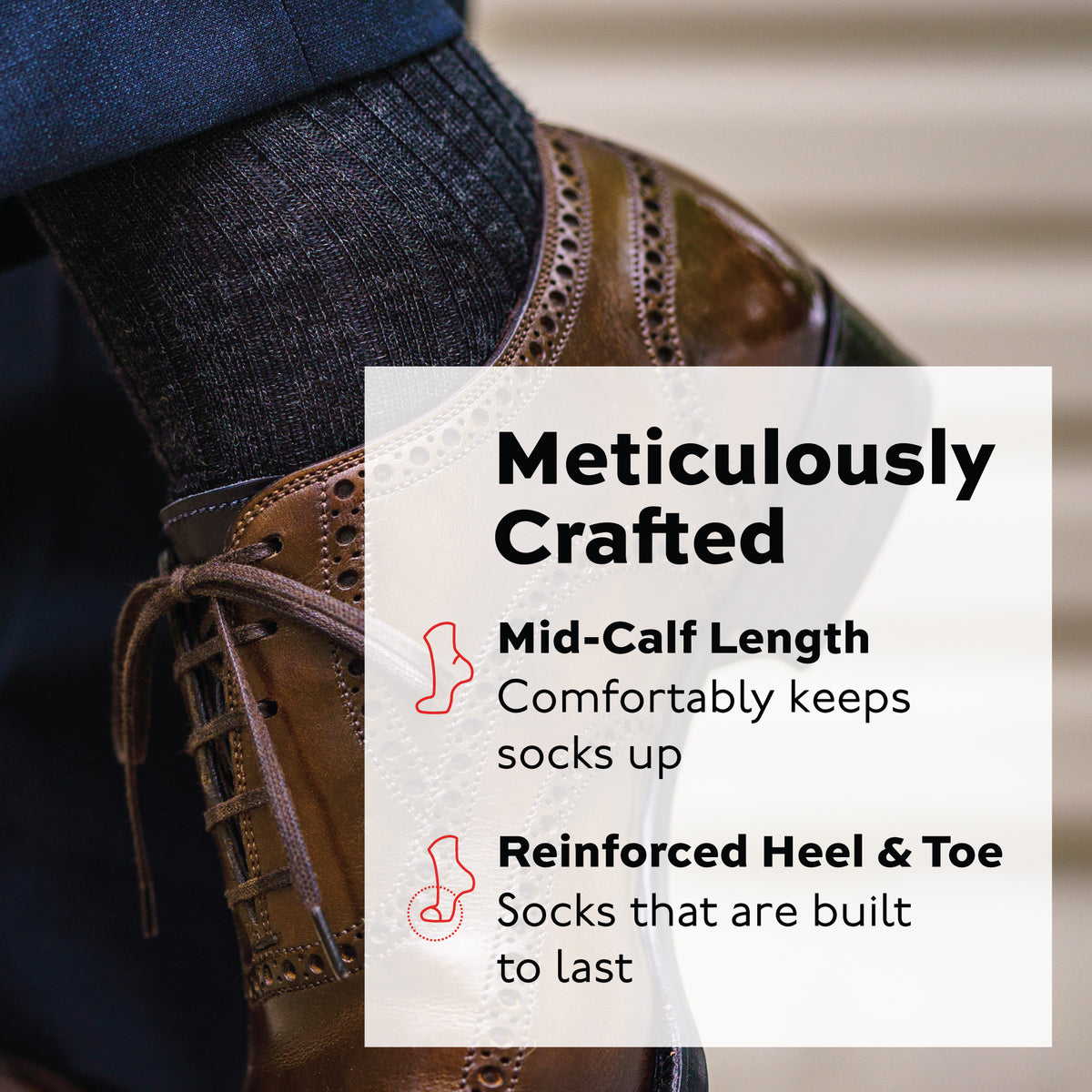 "meticulously crafted mid-calf length" text overlay with charcoal wool sock showing underneath