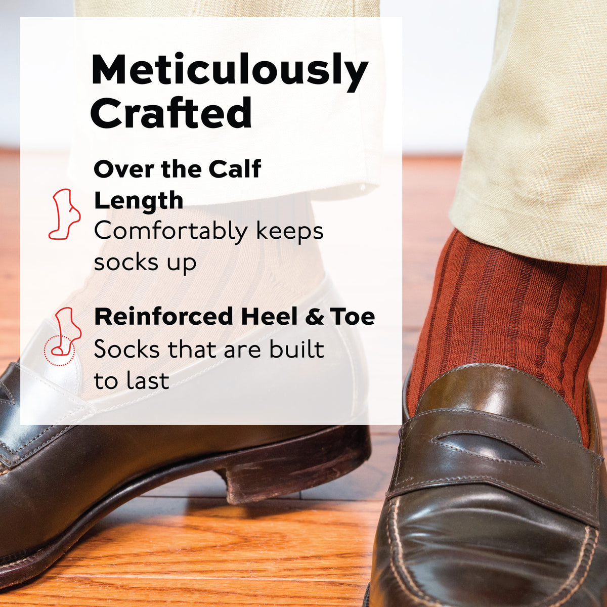 man wearing khaki pants, brown loafers and Burnt Orange Merino Wool Over the Calf Dress Socks