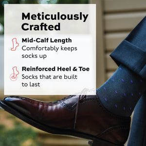 close up of man wearing mid-calf length grey cotton dress socks with purple polka dots with an infographic overlay