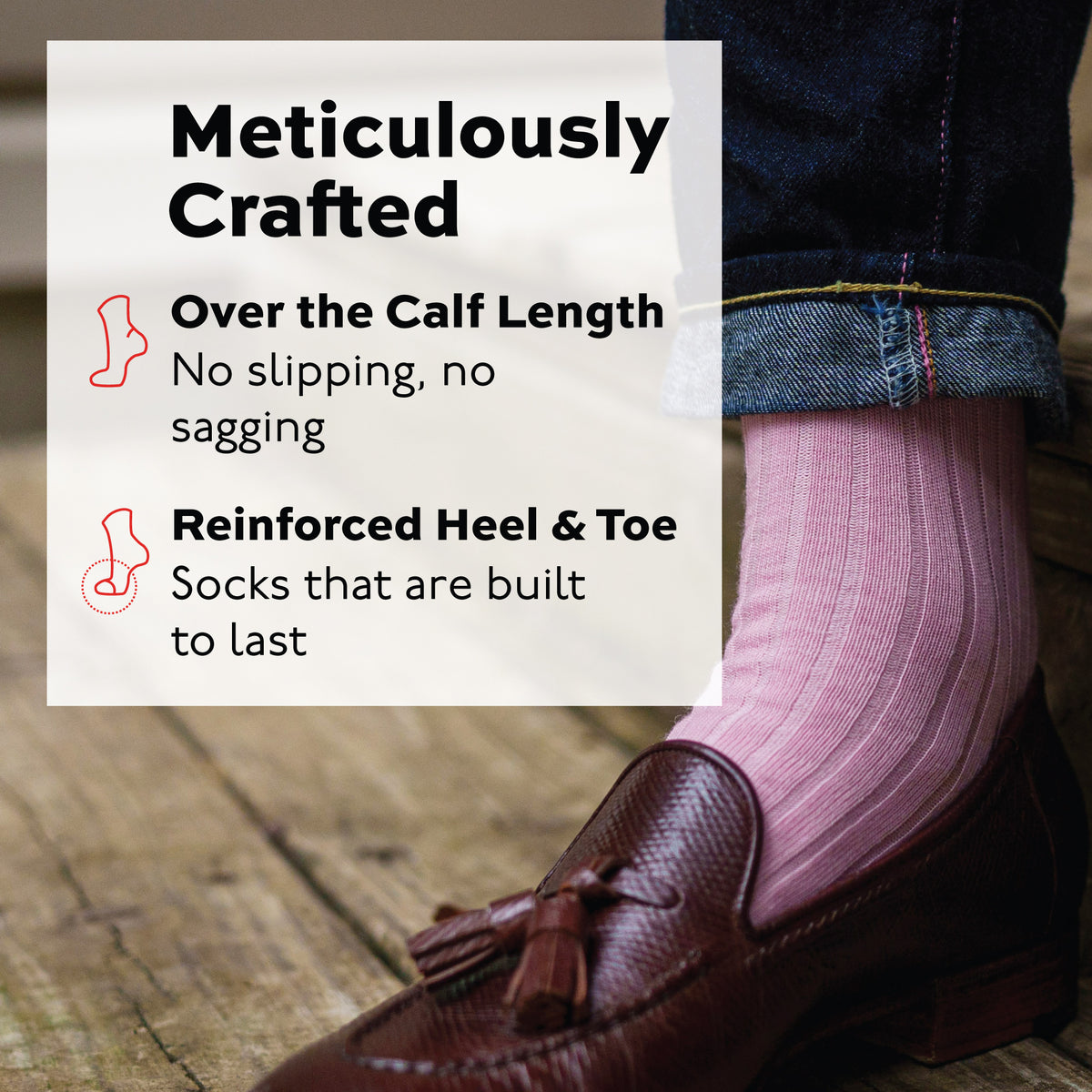 man wearing jeans and pink merino wool over the calf ribbed mens dress socks