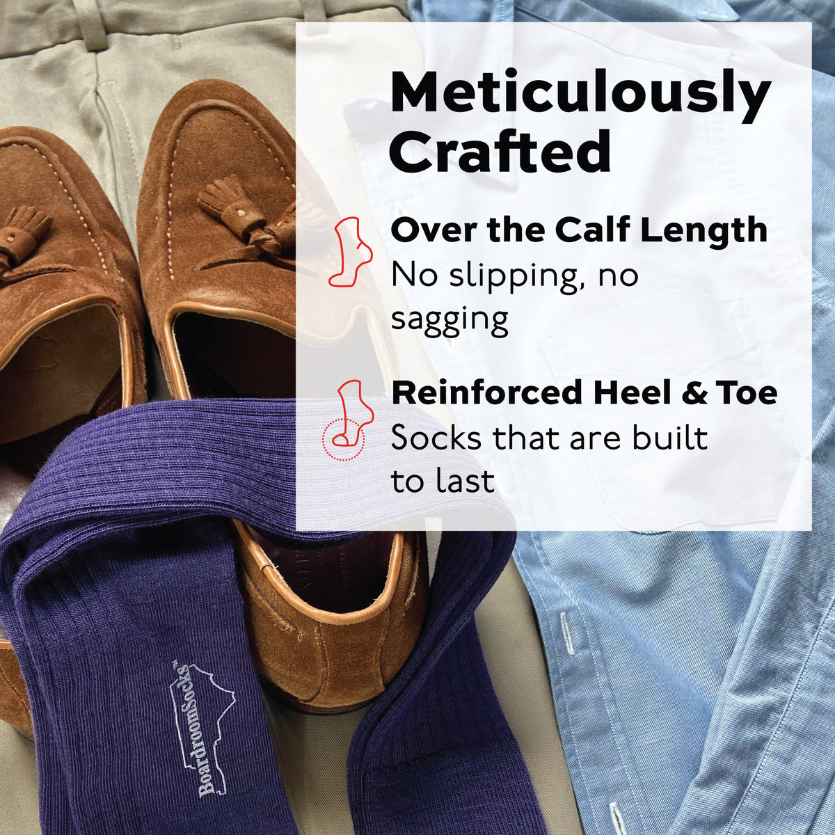 a pair of purple merino wool over the calf ribbed mens dress socks laid on top of shoes and clothing