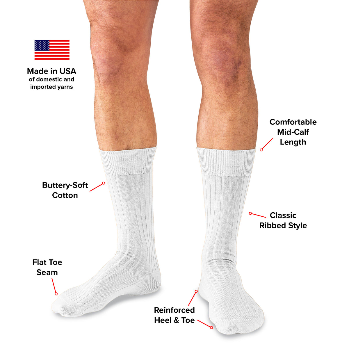 infographic detailing features and benefits of white cotton mid-calf dress socks from Boardroom Socks