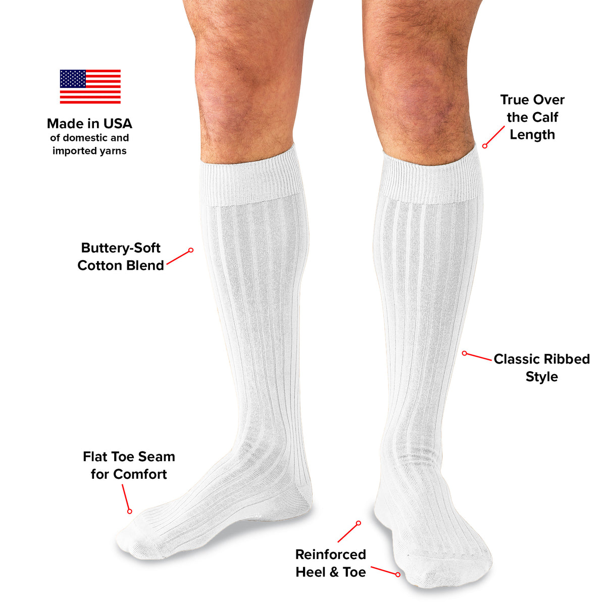 infographic detailing features and benefits of solid white cotton over the calf dress socks from Boardroom Socks