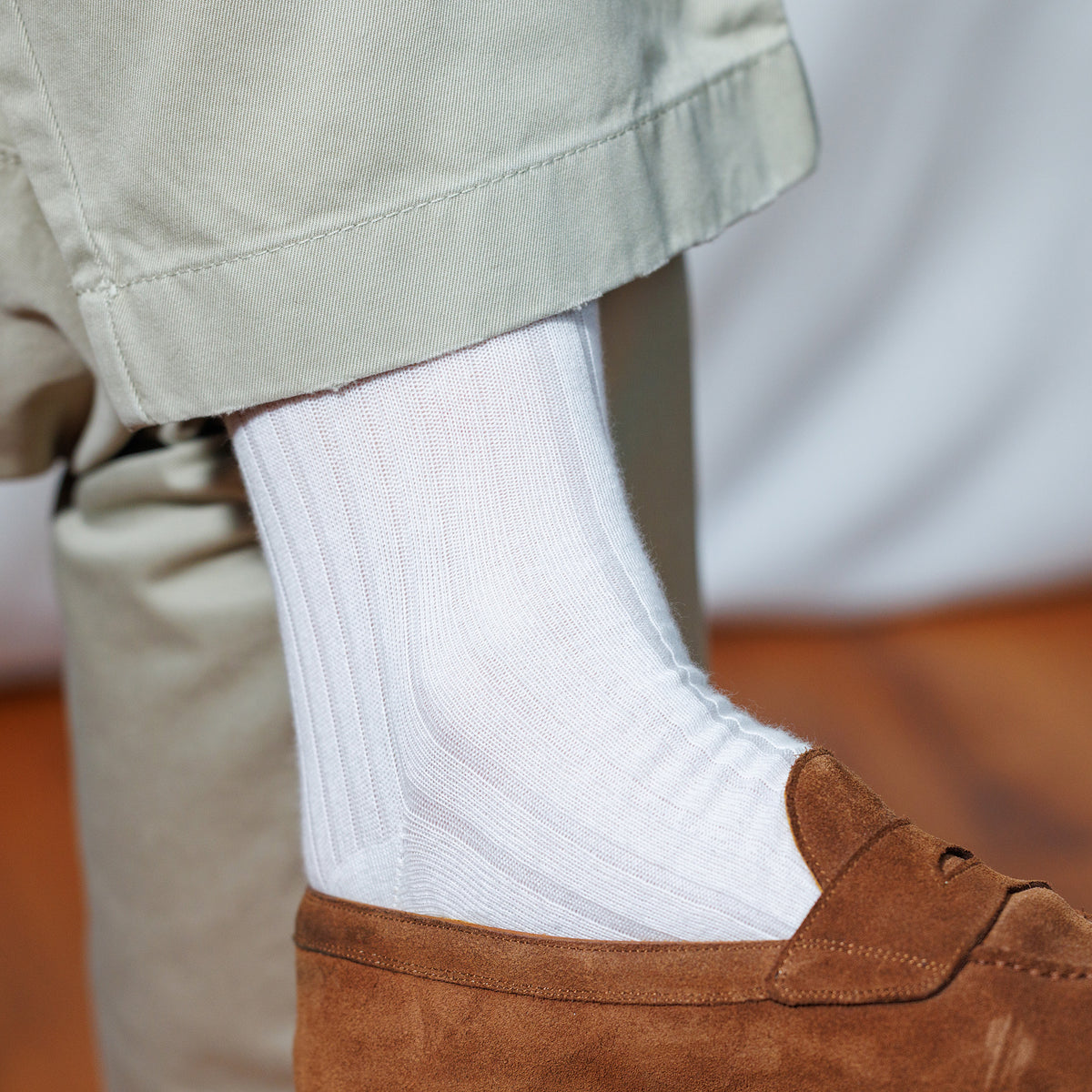 white cotton ribbed dress socks with khakis and brown suede penny loafers
