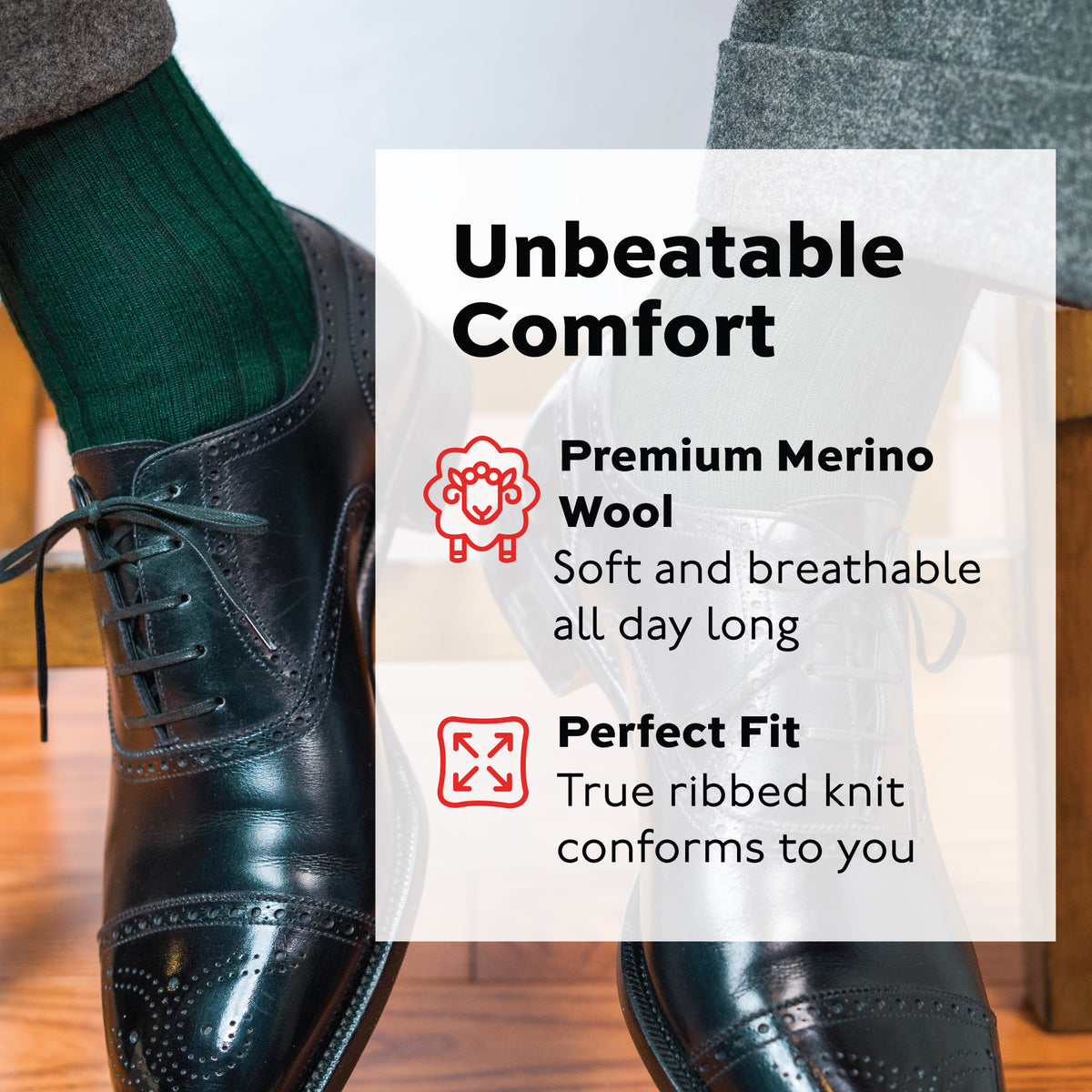 man sitting on stool wearing Forest Green Merino Wool mid-Calf Dress Socks with infographic overlay