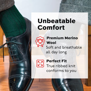 man sitting on stool wearing Forest Green Merino Wool mid-Calf Dress Socks with infographic overlay