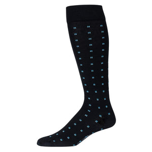 Black Wool Over the Calf Dress Socks Decorated with Light Blue Squares