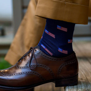 man wearing American flag dress socks