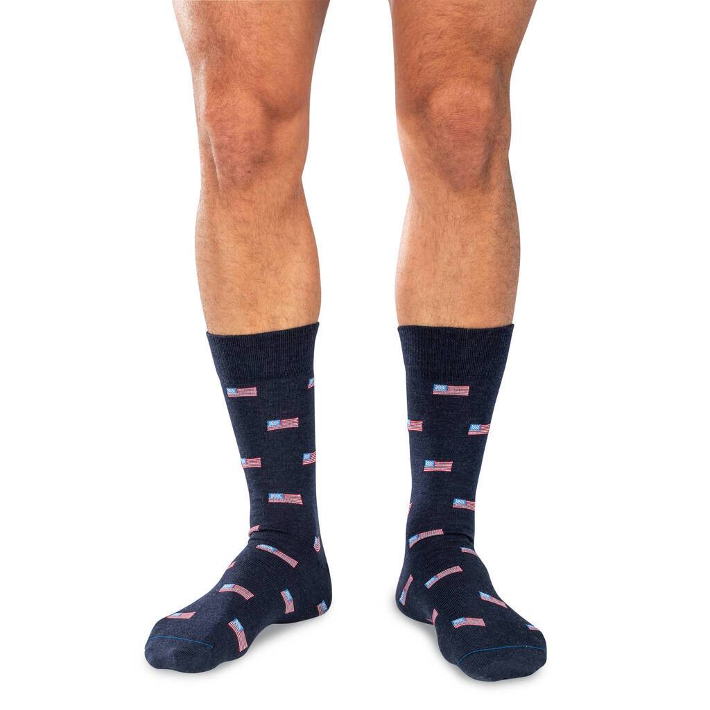 Man Wearing Mid-Calf Length Navy Blue Wool Dress Socks with Small American Flags