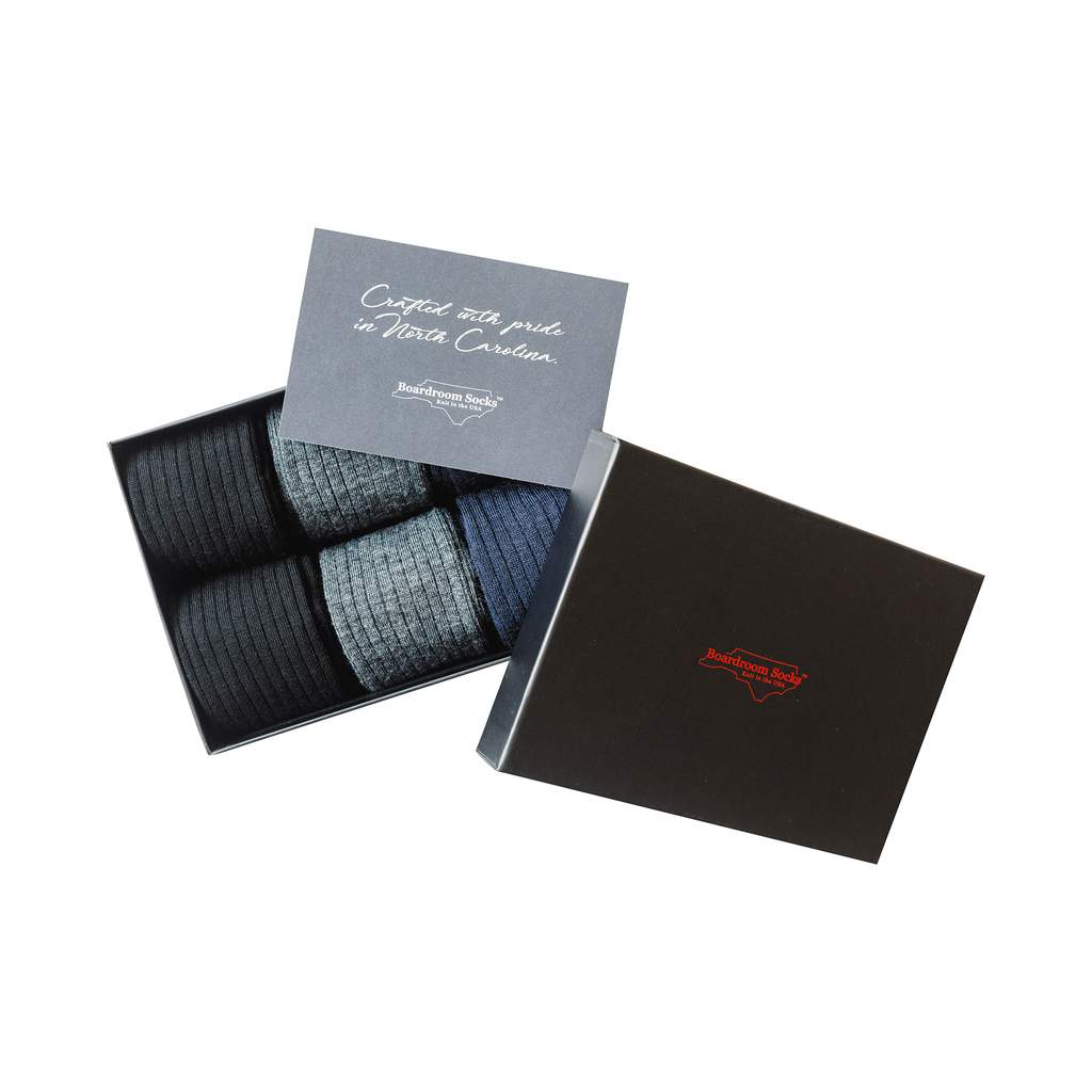 Gift Box Filled with Black Grey and Navy Merino Wool Dress Socks