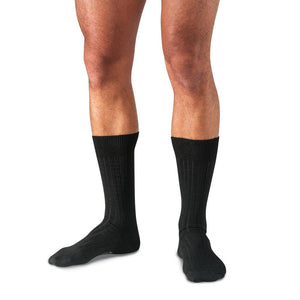 Model Wearing Black Merino Wool Mid-Calf Dress Socks