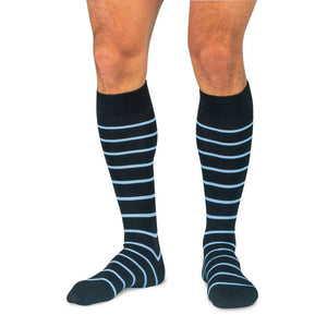 Model Wearing Black Over the Calf Dress Socks with Sky Blue Stripes