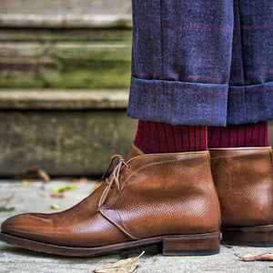 Burgundy Merino Wool Dress Socks with Navy Windowpane Trousers and Brown Chukka Boots