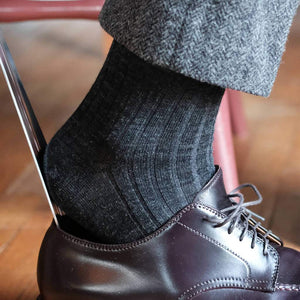Charcoal Wool Dress Socks with Grey Herringbone Pants and Dark Brown Dress Shoes