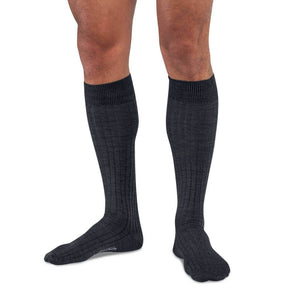 Man Wearing Charcoal Merino Wool Over the Calf Dress Socks