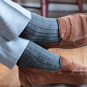 Grey Merino Wool Dress Socks with Brown Suede loafers and light grey pants