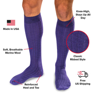 Purple Merino Wool Over the Calf Dress Socks Infographic