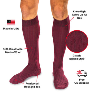 Burgundy Merino Wool Over the Calf Dress Socks Infographic