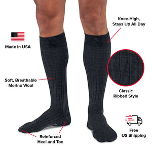 Charcoal Merino Wool Over the Calf Dress Socks Infographic
