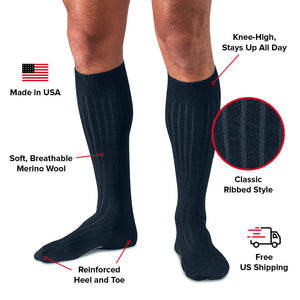 Navy Merino Wool Over the Calf Dress Socks Infographic