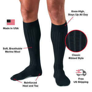 Black Merino Wool Over the Calf Dress Socks - Features and Benefits Infographic