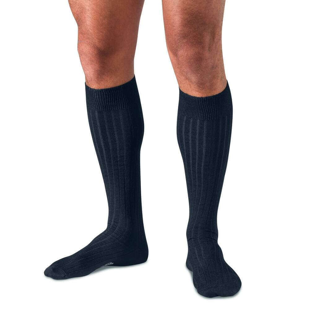 Man Wearing Midnight Navy Merino Wool Over the Calf Dress Socks