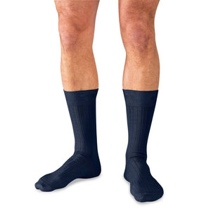 Model Wearing Mid-Calf Length Navy Blue Cotton Dress Socks