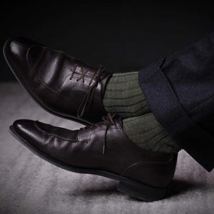 Olive Merino Wool Dress Socks with Charcoal Trousers and Dark Brown Shoes