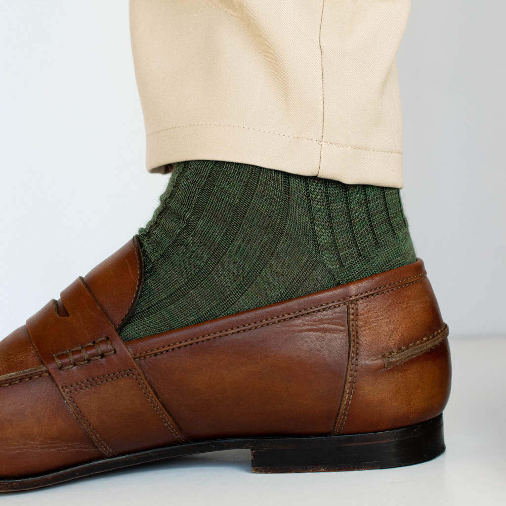 Olive Merino Wool Dress Socks with Tan Chinos and Brown Loafers