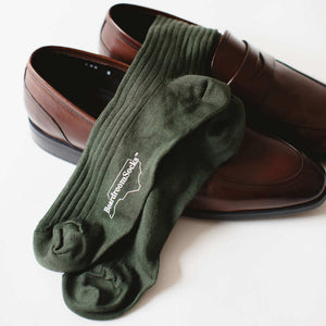 Olive Pima Cotton Dress Socks in Brown Loafers
